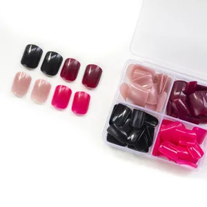 Short square press-on nails set with 4 glossy colors and a clear storage case