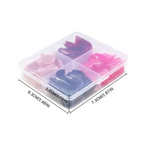 Short square press-on nails set with 4 colors in a clear storage box measuring 7.3cm