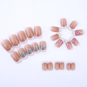 Short square-oval press-on nails with blue butterfly pattern and French tips 24pcs set