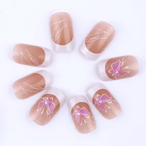 Short French press-on nails set with elegant purple butterfly and white stripe patterns