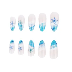 Hawaiian ocean blue gradient almond press-on nails with delicate starfish patterns