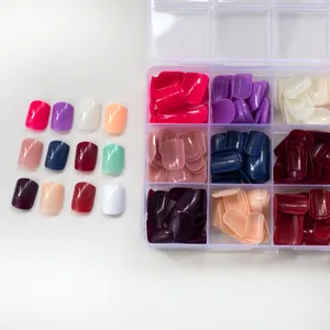 Glossy short square fake nails set in 12 colors with clear organizer storage box