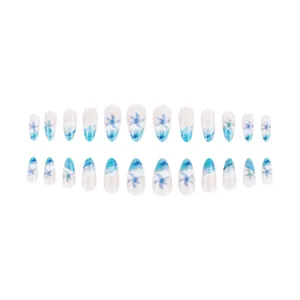 Hawaiian Ocean style 24pcs almond press-on nails with blue wave gradient and starfish design