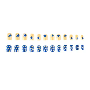Short yellow and blue star press-on nails set with 24 pieces of contrast color false nails