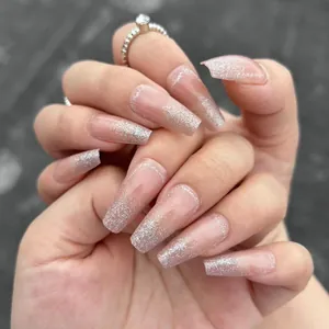 Sparkly silver glitter gradient on flesh-toned coffin press-on nails set for women