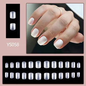 Short square pearlescent white press-on nails with shiny finish for women set YS058