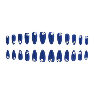 24pcs glossy dark blue almond press-on nails featuring white daisy floral patterns