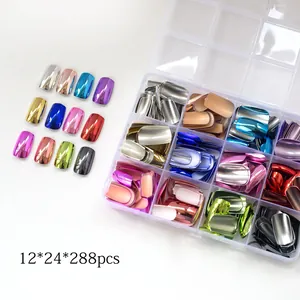Coffret de 288 faux ongles effet miroir punk en 12 couleurs métalliques avec boîte