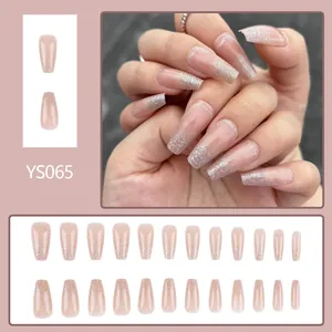 Pink ballerina press-on nails with silver glitter gradient lines and 24-piece full set