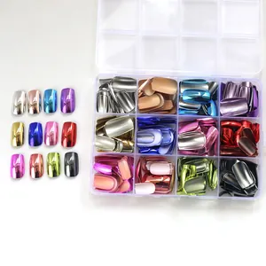 Détail de 12 couleurs de faux ongles effet miroir métallique punk dans une boîte de rangement