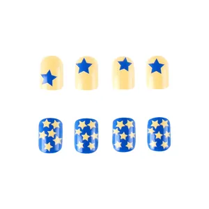 Short press-on nails featuring a striking blue and yellow star pattern in glossy finish