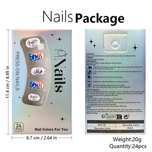 Detail of Independence Day press on nails packaging showing USA flag design and 24 pieces