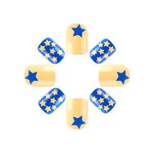 Short square round nails with blue and yellow star patterns on a clean white background