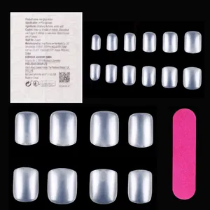 Detailed view of 24pcs square press-on nails set with glue stickers and pink nail file
