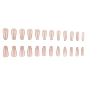 Flat lay of 24 pieces glittery nude pink press-on nails in long ballerina coffin shape