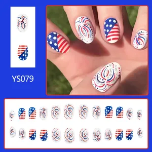 Short glossy American Independence Day nails set with red stripes and silver fireworks