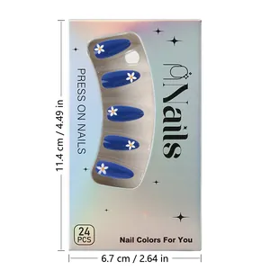 Short blue glossy press-on nails set with daisy patterns and dimensions in packaging box
