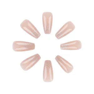 Sparkling silver glitter on nude pink coffin press-on nails set with 24 pieces