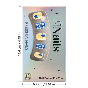 Iridescent silver box with 24pcs yellow and blue star pattern press-on nails set