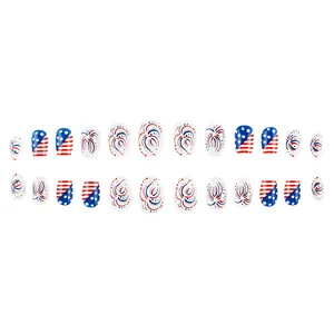 24pcs Independence Day press on nails with red white stripes and blue fireworks patterns