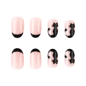 Halloween almond false nails featuring black cat silhouettes and French tip designs