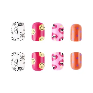 Glossy short square press-on nails set with smiley face and heart graffiti designs