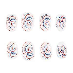 Short glossy Independence Day fake nails with red and blue fireworks design and silver glitter
