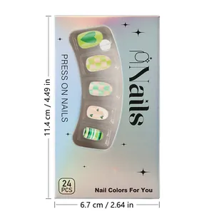 Detail view of 24pcs press-on nails set with green heart and checkerboard design