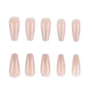 Detailed view of long coffin glitter nails in nude pink with silver shimmering line patterns