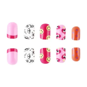 Short glossy French press-on nails set with colorful smiley faces and heart graffiti art