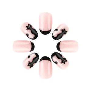 Short almond Halloween press-on nails with black cat silhouette and French tips