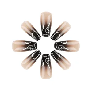 Faux ongles dégradés café avec lignes argentées abstraites et forme cercueil allongée chic