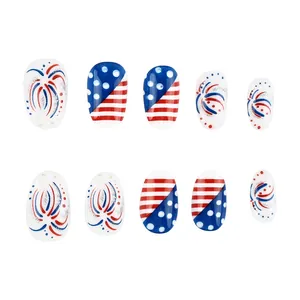 Detailed view of American flag press-on nails with red stripes and silver glitter fireworks