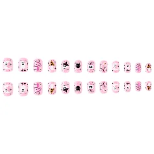 Unghie finte rosa per Halloween con fantasmi e zucche carine, set completo da 24 pezzi
