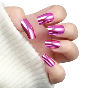 Short square metallic rose red mirror finish press-on nails with shiny chrome electroplating