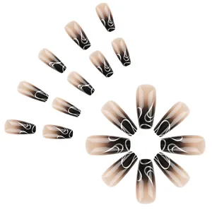 Faux ongles French avec dégradé noir et lignes argentées abstraites de style artistique