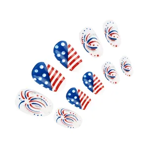 Detail of US Independence Day press-on nails with fireworks and red-white stripes pattern