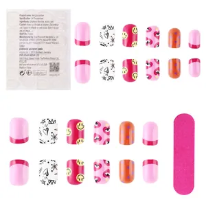Short glossy press-on nail kit with smile hearts, French tips, and prep tools