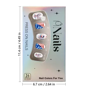 Detailed packaging showing 24pcs US Independence Day press-on nails with dimensions