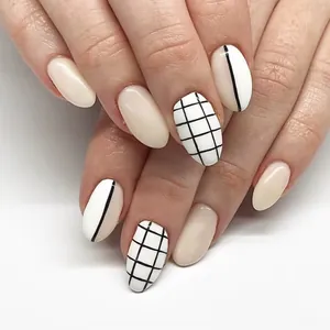 Minimalist Linear Grid Pattern Press On Nails Nude Pink Beige Oval Shape False Nails For Women Daily Decor Decorative Nails