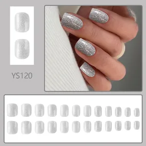 Silver glitter press-on nails set with 24 gradient sandblasted square-oval false nails