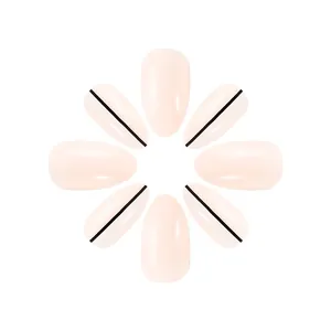 Short oval almond press-on nails in nude pink with minimalist black line design