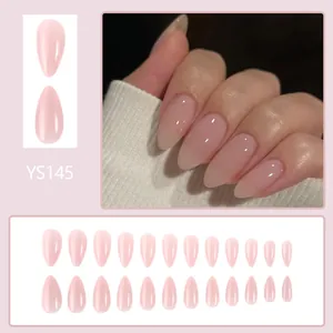 Short almond glossy translucent pink press-on nails set with 24 pieces for women