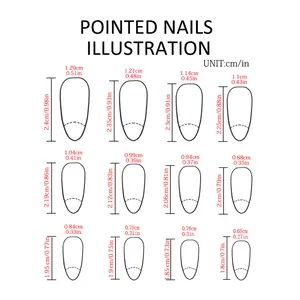 Size guide for pointed oval nails showing 12 different width and length specifications