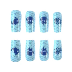 Blue ocean themed square fake nails set featuring cute whale and octopus patterns