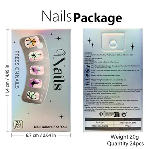 Front and back view of artistic press-on nails packaging with starry graffiti patterns