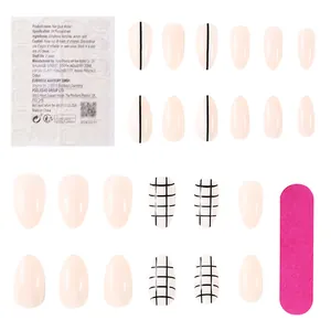 Flat lay of 24pcs nude pink almond press-on nails set with grid patterns and file