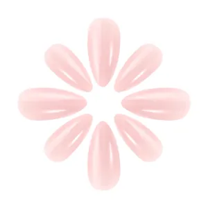 Glossy light pink almond false nails set with high-shine finish on white background