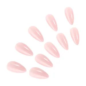 Glossy light pink almond fake nails with a smooth jelly finish and reflective shine