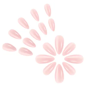 Detailed macro view of glossy light pink almond-shaped press-on nails set
